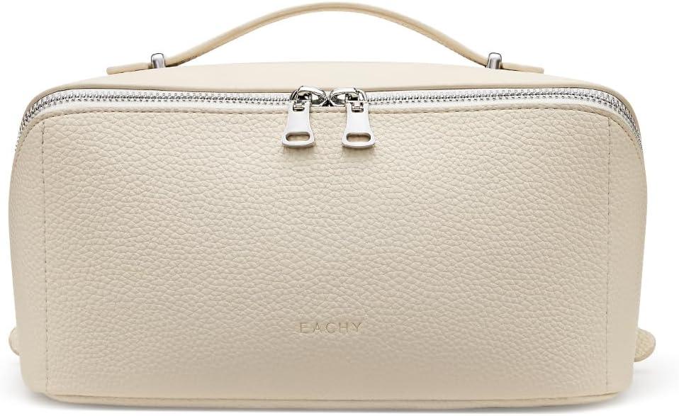 EACHY Travel Makeup Bag, Lychee Leather Large Capacity Cosmetic Bag for Women, Open Flat Toiletry Bag with TPU Brush Compartment, Waterproof Skincare Organizer Travel Essentials (Medium, AB-White)