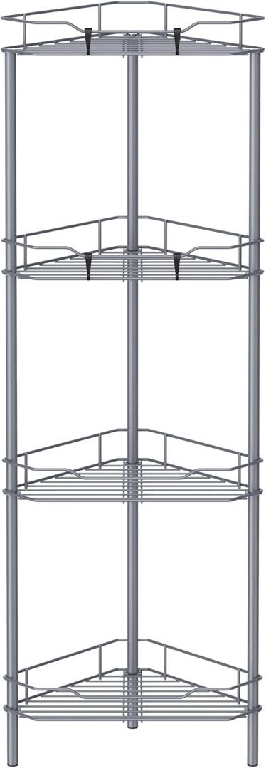 4 Tier Floor Standing Corner Shower Caddy Organizer Shelf with Hooks, Bathroom Shelves Stand Rack, Dark Gray