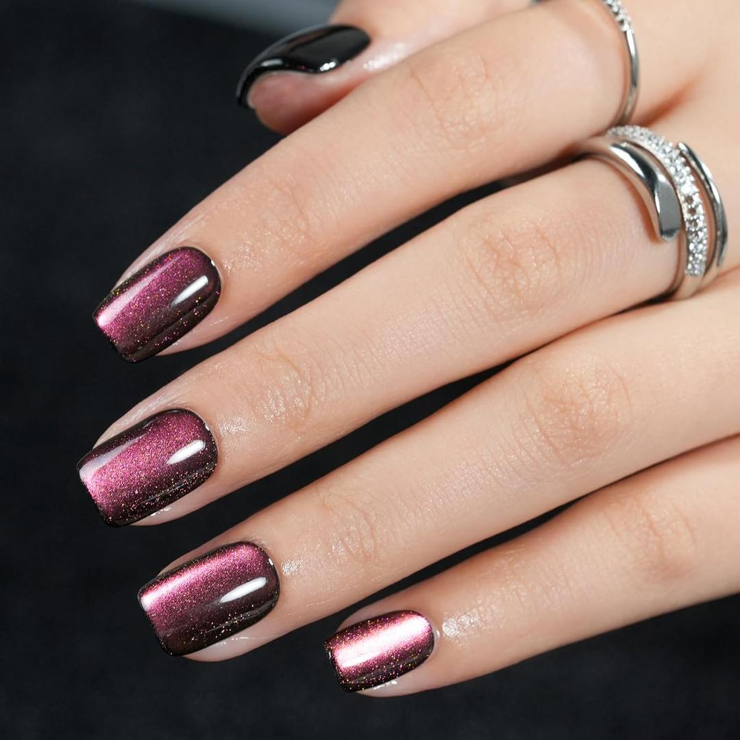 Cat Eye Press on Nails Short, Jofay Fashion Soft Gel Fake Nails, Purple-red Color-changing Shimmer Cat Eyes Nails, Reusable & Glossy Acrylic False Nails, Glue on Nails Kit Stick on Nails for Women