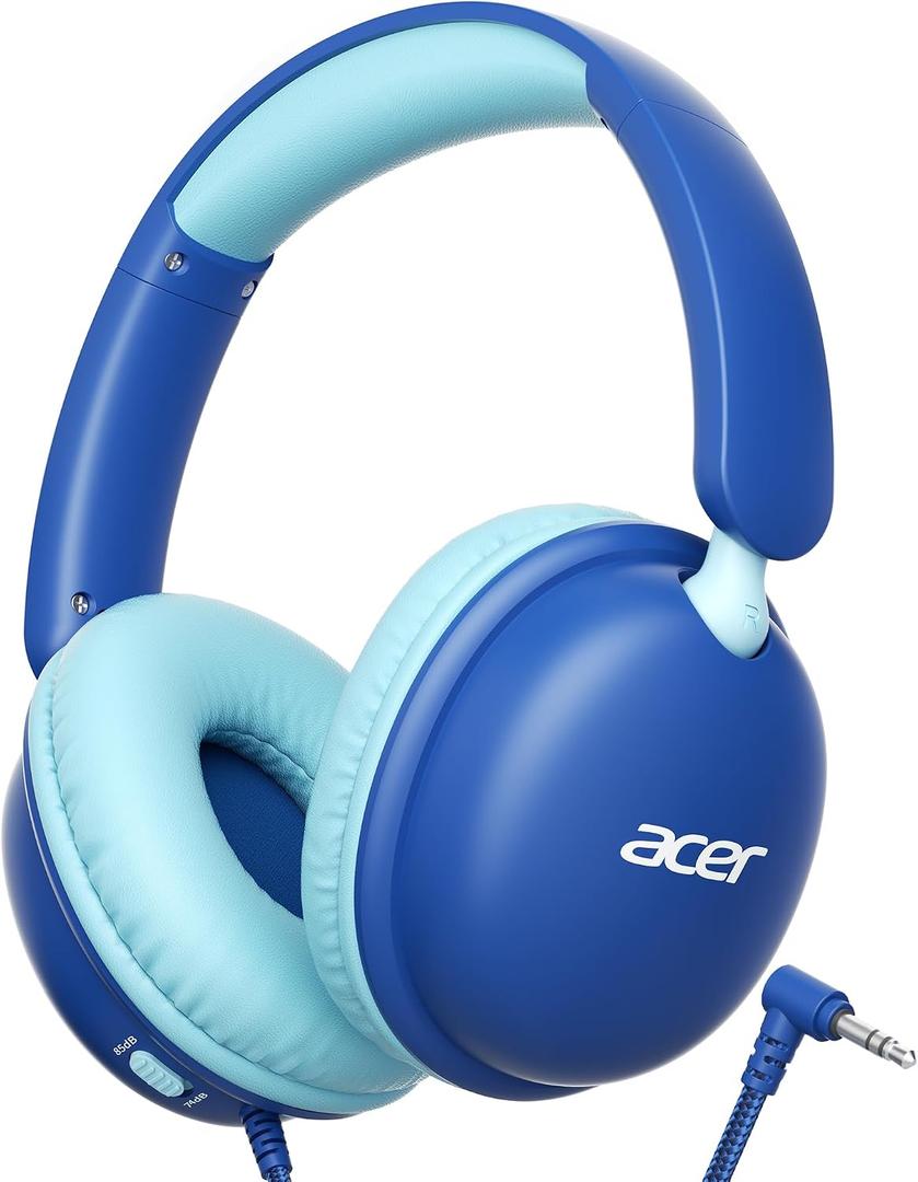 Acer OHW355 Kids Headphones with Cord for School,Over Ear Wired Headphones | 74/85dB Volume Limit, Foldable 3.5mm Jack, Stereo Sound, for Tablet/Computer/Travel/Chromebook-Blue Cyan
