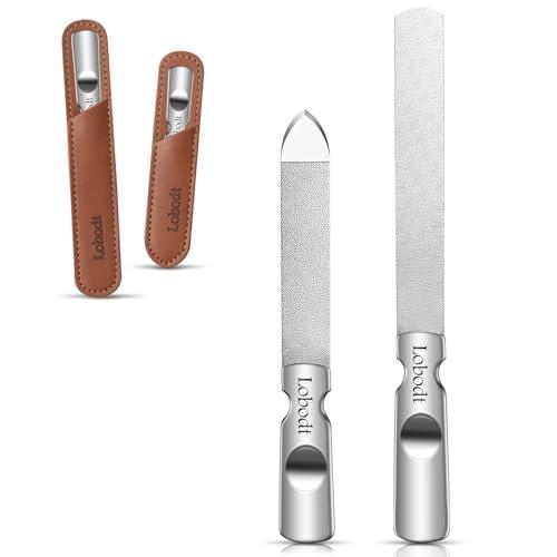 Lobodt Stainless Steel Nail File with Anti-Slip Handle and Leather Case, Double Sided and Files Nails Easily for Men and Woman, Great for Home Salon or Travel Use (2 PCS Metal)