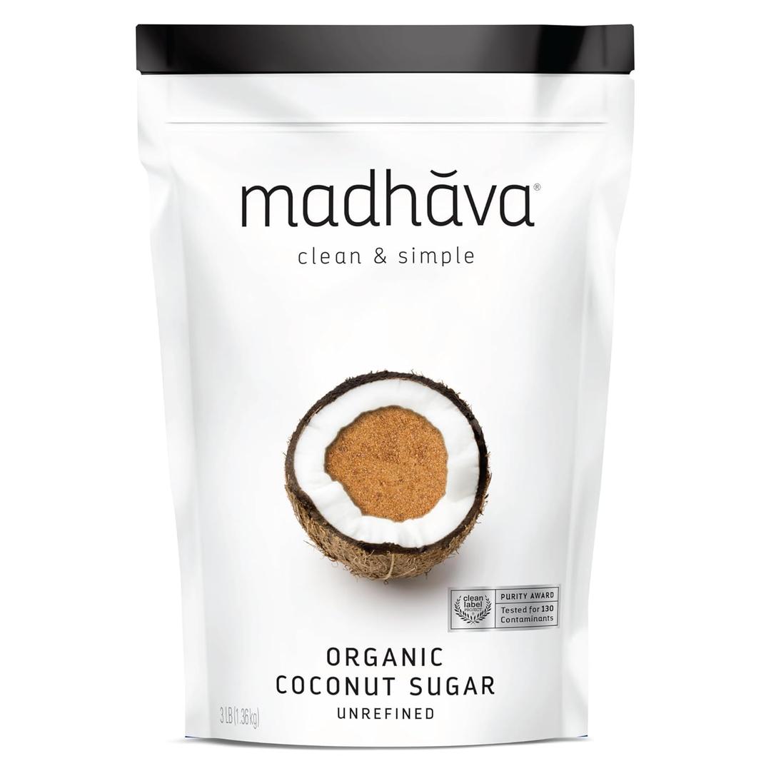 MADHAVA Organic Coconut Sugar 3 Lb. Bag (Pack of 1), Natural Sweetener, Sugar Alternative, Unrefined, Sugar for Coffee, Tea & Recipes, Vegan, Organic, Non GMO (EXP 03/22/28)
