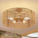 24 Boho Hand-Woven Rattan Wicker Ceiling Light, Large Semi Flush Mount Chandelier Fixture, Rustic Lighting for Living Room, Bedroom, Dining, Kitchen Island, Hallway, Entryway, Foyer
