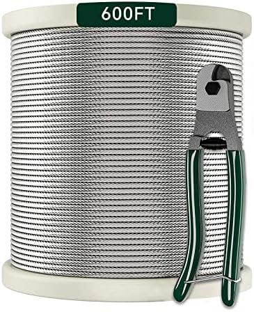 1/8 Stainless Steel Cable with Cutter7x7 Strands Construction,T316 Stainless Steel for Deck Railing,Porch Fence,String Lights Hanging Wire 600FT