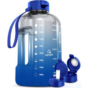 AQUAFIT 1 Gallon Water Bottle with Time Marker - Straw & Chug Lid - BPA Free Gym Water Bottle with Straw - Big Gallon Jug (Blue Skies, 128 oz - 2 Lids)