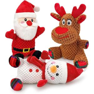 Christmas Dog Toys Set - 3 Pack Durable Squeaky Dog Toys for Small, Medium & Large Dogs, Soft Plush Santa, Reindeer & Snowman Gift for Pets
