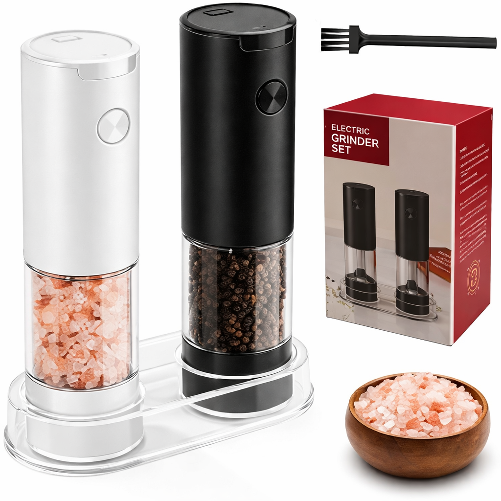 Electric Salt and Pepper Grinder Set,USB-C Rechargeable Pepper Mills with Adjustable Coarseness, Storage Tray, One-Hand Operation, Twin Pack Gift Set