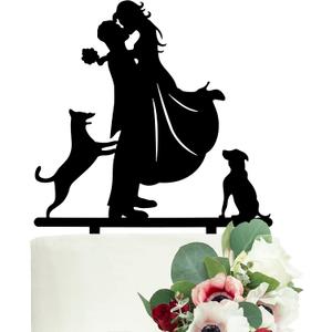 LOVENJOY Dogs Wedding Cake Topper Bride Groom with 2 Dogs Black, Gift Boxed
