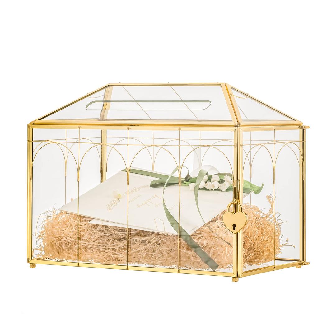 NCYP Glass Cards Box with Slot and Lock for Wedding - 12.6" x 5.9" x 9" Geometric Vintage Envelops Wishwell Card Holder - Tabletop Reception, Micro Wedding Decor, Gold (Glass Box Only)