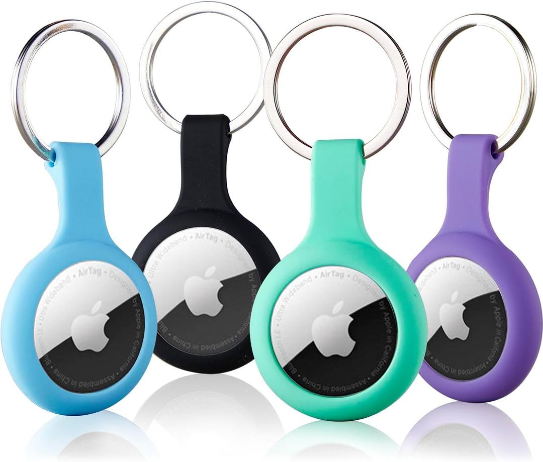 ThingsBag Airtags 4 Pack Holder Keychain, Silicone GPS Case Key Ring for Air Tags-4, Key Chain Accessories for Apple Item Finder Tracker, Itag Cover for Pet Dog Cat, Waterproof Airtag Keychain Holder (Black,blue,purple,green)