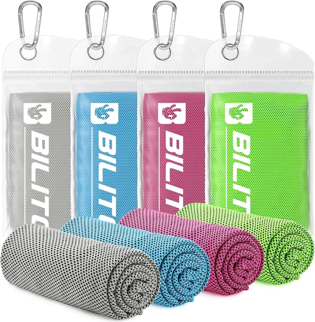 2 x BILITOK Superfiber Ice Towel Neck, Soft Breathable Cold Towel Cooling, Yoga, Sports, Golf, Gym, Camping, Running, Fitness, Exercise and More Activities, 4 Packs (Blue/Green/Rose red/Gray)