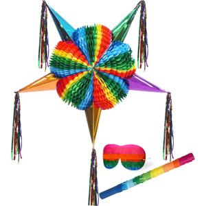 26 Inch Large Star Piñata Set with Stick Blindfold Confetti Foldable Mexican Fiesta Piñata Rainbow Honeycomb Decorations for Cinco De Mayo Birthday Party Carnival Taco Tuesday