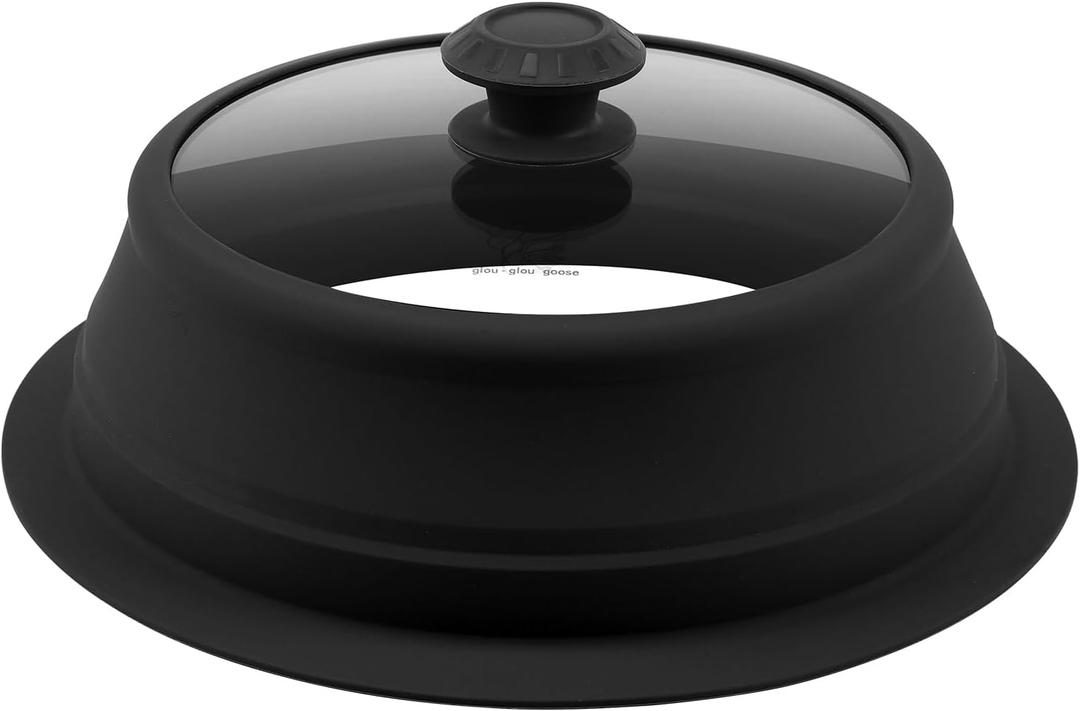 Collapsible Microwave Splatter Lid with Vented Tempered Glass Cover Wok Lid for Microwave Safe, Stockpot Steamer Pot Pan 11-12.5 inch Universal Multifunction Silicone Cover (Black)