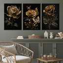 3pcs Black And Gold Rose Wall Art Abstract Plant Flowers Posters Prints Modern Floral Pictures Black Rose And Gold Leaf Canvas Wall Decor for Living Room Bedroom Bathroom Office Decoration Painting