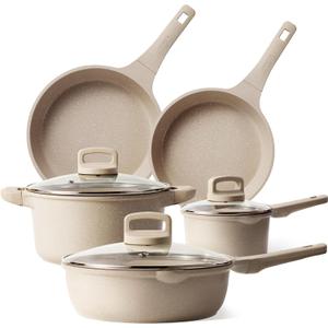 CAROTE 8pcs Pots and Pans Set Non Stick, Taupe Nonstick Cookware Set, Frying pans with lids, Kitchen Essentials Pot and Pan, Induction Cookware
