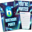 Neon 6th Birthday Party Invitations, Blue Invitation Cards with Envelopes (30PACK), Sixth Birthday Supplies Fill-in Invites for Boys, Girls, Kids