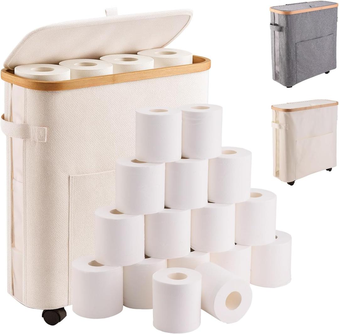 Toilet Paper Storage with Lid, Holds 12 to 16 Rolls, 33L Large Capacity & Space-Saving Design, Free Standing Toilet Paper Basket Organizer with Wheels, Waterproof Slim Bathroom Storage Holder (Beige)