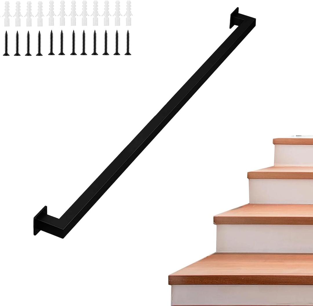 Wall Handrail 2ft for Stairs Steps,Square Metal Staircase Handrail,Black Galvanized Industrial Iron Hand Rail for Indoor & Outdoor Wall Mount Support,Iron Banister Rail, Safety Grab Handle