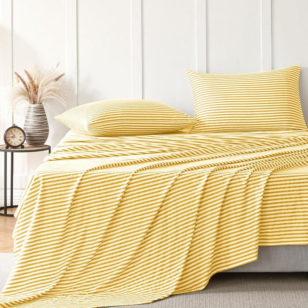 JELLYMONI Striped Sheets Set Queen Size, 4 Pieces 100% Cotton Bed Sheets - 16" Deep Pockets Fitted Flat Sheet & Pillowcase Bedding Set, Ultra-Soft, Machine Washable