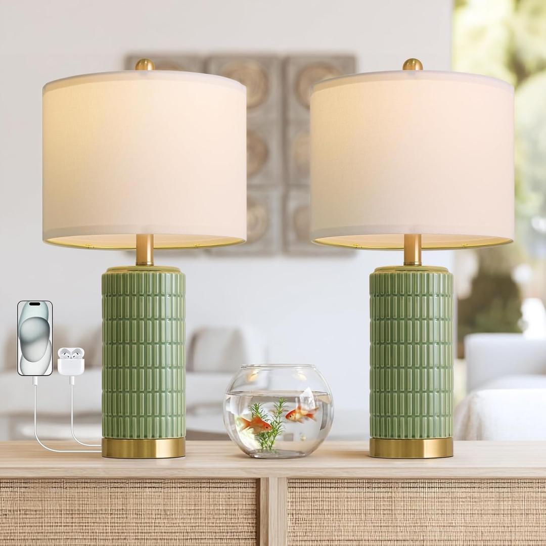 PoKat Bedside Table Lamps Set of 2 for Living Room with 2 USB Ports, 21.5'' Small Modern Nightstand Lamps for Bedroom, Ceramic Side Table Lamps with Gold Base for Office Entryway Decor Gift (Green)