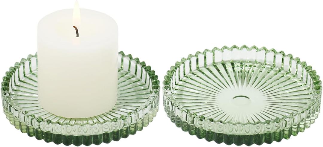 Vixdonos 3.8 Inch Glass Pillar Candle Holder Set Pack 2 Gear Round Plate Serrated Candle Stand for Table Centerpieces,Party, Wedding and Home Decor (Green)