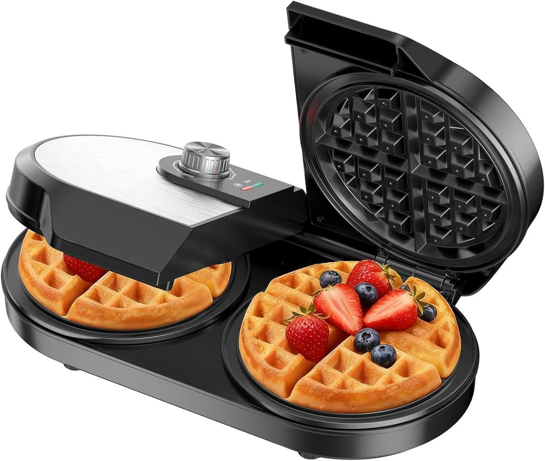 Double Waffle Maker, Belgian Waffle Maker, 6.5 Inch Waffle Iron with 2 Independent Adjustable Temp Knobs & Indicator Lights, Easy-Clean Nonstick Plates, Stainless Steel, Black