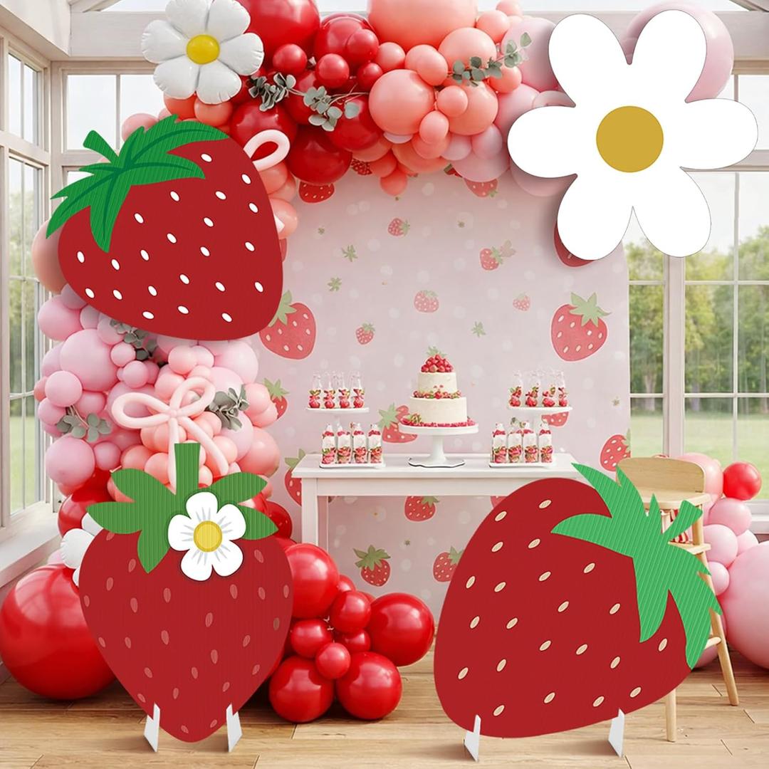 4 Pcs Large Strawberry Birthday Cardboard Cutouts Strawberry Baby Shower Backdrop Party Decorations for Lawn Yard Signs Summer Fruit Themed Party Supplies Photo Booth Props