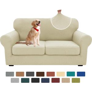 XINEAGE New 3 Pieces Couch Covers for 2 Cushion Sofa Super Stretch Loveseat Slipcover Pet Dog Universal Slip Cover Anti Slip Love Seat Furniture Protector (Light Beige, 55"-69")
