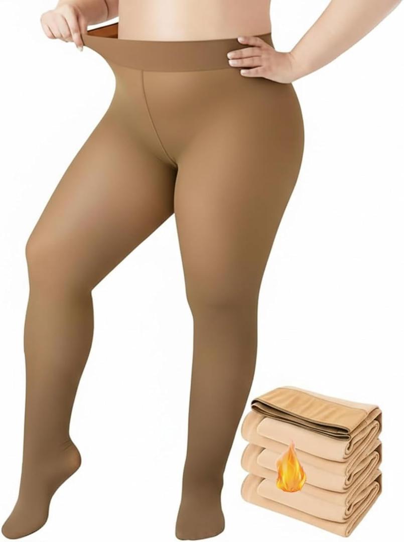 Plus Size Fleece Lined Tights, Women Thick Thermal Legging Winter Fake Translucent High Waisted Pantyhose (Brown)