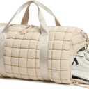 Quilted Duffel Bag for Women, Puffer Gym Duffle Bag with Shoe Compartment Lightweight Large Crossbody Sport Bag Travel Tote Beige