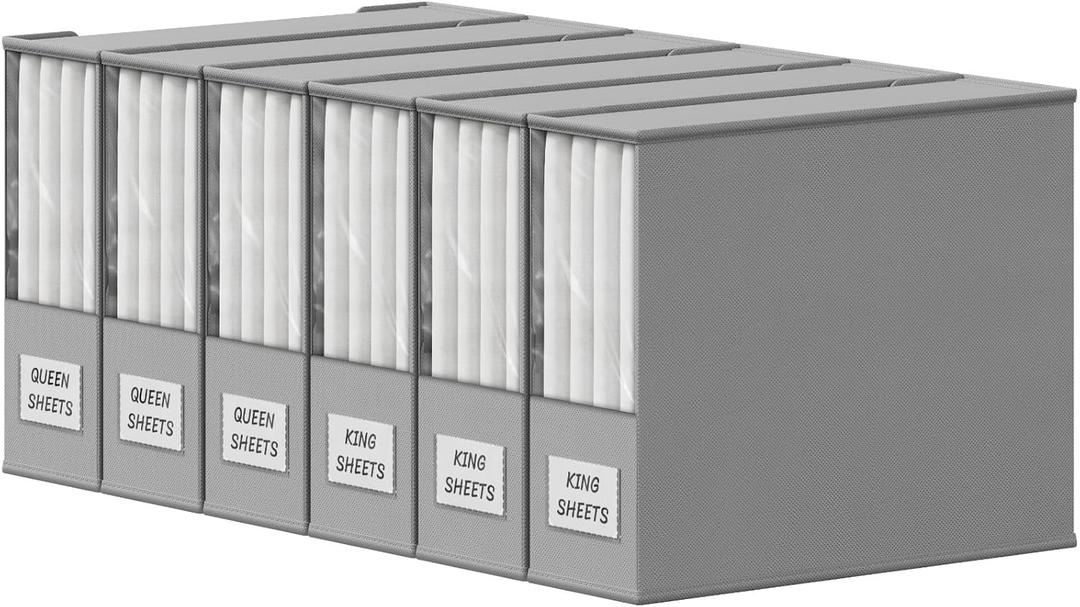 Lifewit 6 Pack Bed Sheet Organizer, Foldable Bedding Sheet Organizers and Storage with Large Clear Window and Label, Sheets Organizer for Linen Closet, Storage Box Bins with Lids for Duvet Cover Set