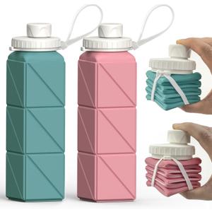 BEAUTAIL Collapsible Water Bottles 20.6oz 2 Pack, Silicone Foldable Portable Travel Water Bottle, BPA-free, Reusable Leakproof for Traveling Camping Hiking Cycling Sports Outdoor (Blue+Pink)