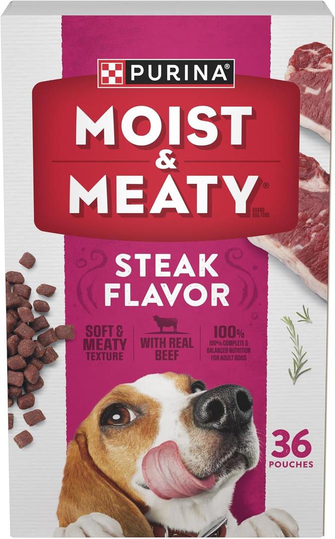 Purina Moist and Meaty Steak Flavor Soft Dog Food Pouches - 36 ct. Pouch (13.5 Pound (Pack of 1)), Best By: FEB 2026