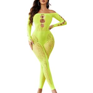 Avidlove Women Lingeries Long Sleeve Fishnet Body Stocking Leopard Sexy Outfit Rhinestone Body Suits Cut Out Jumpsuit (Neon Green)