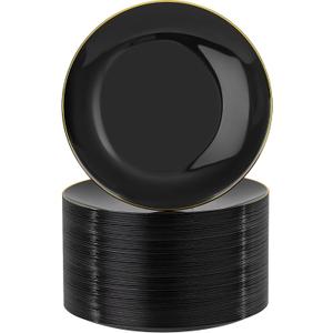 Nervure 100 Pieces Black Plastic Plates - 7.5inch Black Dessert Plates - Disposable Gold Plastic Plate - Disposable Plate Ideal for Wedding & Party