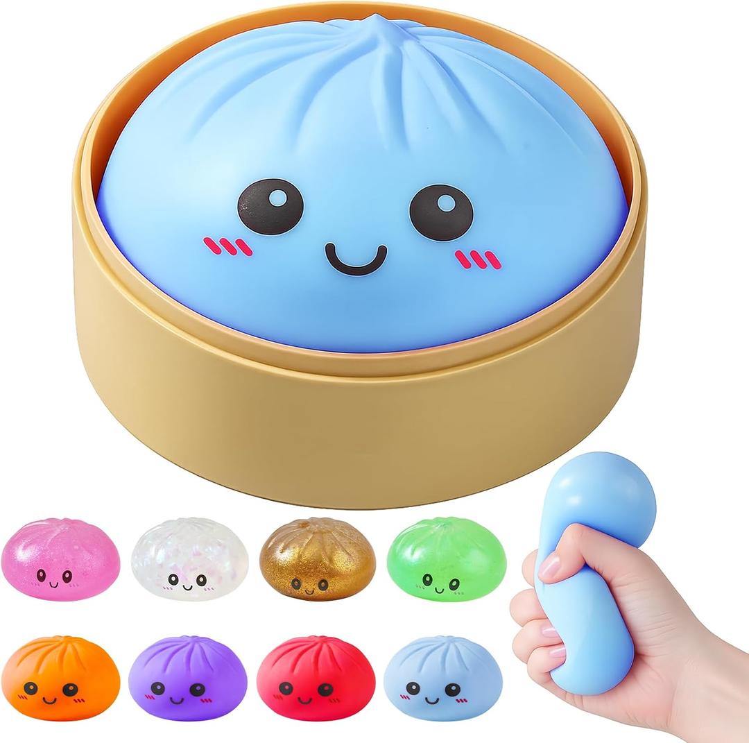 Dumpling Squishies, Glitter Dumpling Mystery Box, Colorful Dumplings Stress Balls Fidget Sensory Toy, Stocking Stuffers with Food Steamer Stretchy Desk Toys (Blue), 1Pcs