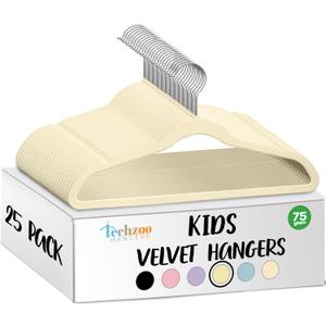 25 Premium Kids Velvet Hangers - 14" Non-Slip Clothes Hangers for Kids & Preteens - Ultra Slim, Space-Saving, Strong & Durable Hangers with 360 Swivel Hook - Beige