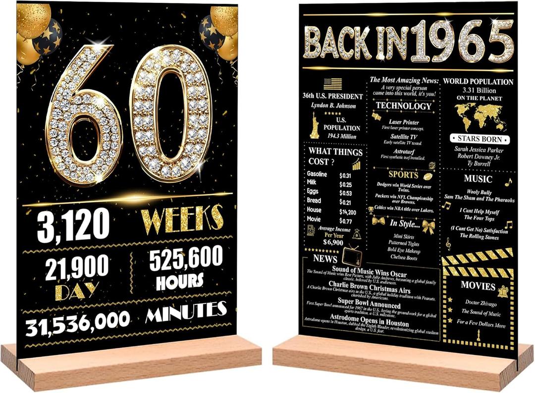 60th Birthday Party Decorations for Women Men, Black Gold Back in 1965 Birthday Decor Poster Acrylic Table Sign, 60th Birthday Party Supplies, Double-Sided