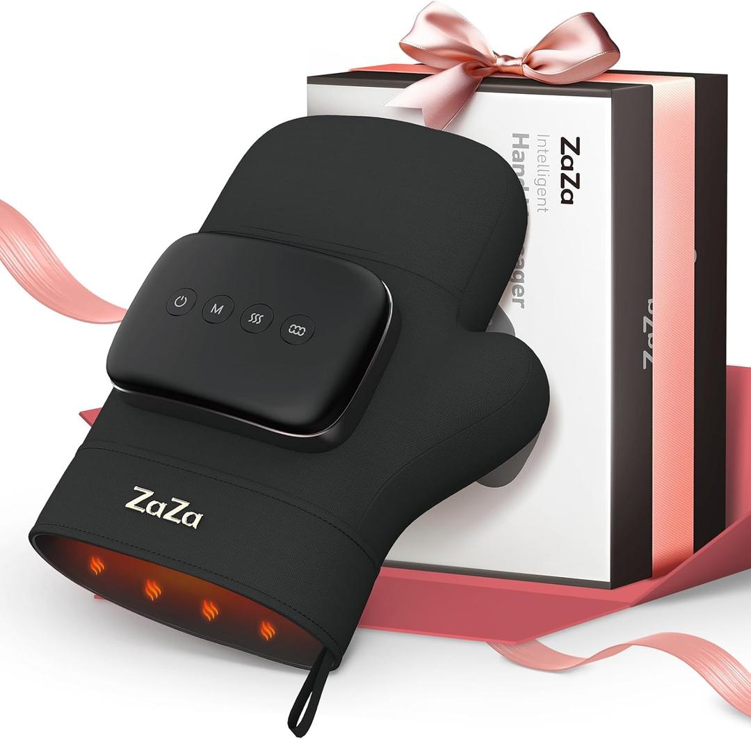 zaza Hand Massager ith Heat and Compression for Hand Massager Glove, Palm and Finger Massage for Carpal Tunnel Relief, Electric Hand and Wrist Massage for Pain Relief Finger Numbness, Gift for Women (Black)