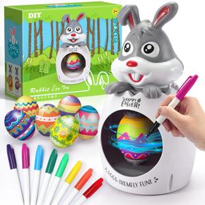 Easter Gifts for Kids, Easter Egg Decorating Kit, Easter Basket Essentials DIY Coloring Spinner with 8 Colorful Markers & 6 White Eggs, Easter Basket Stuffers/Fillers Bunny Toys for Kids Toddlers