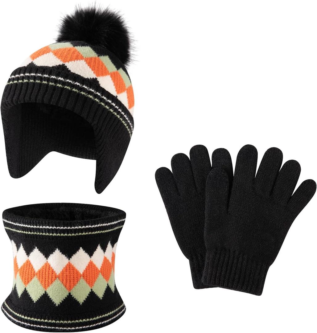 Comfoex 3 Pcs Kids Winter Hat Scarf Gloves Set Boys Girls Knit Neck Warmer Fleece Lined Children Beanie Hat Set for Ages 4-8