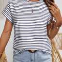 LilyCoco Womens Striped Shirt Short Batwing Sleeve Tops Crew Neck Casual Loose Fit Tee Black Small (S)