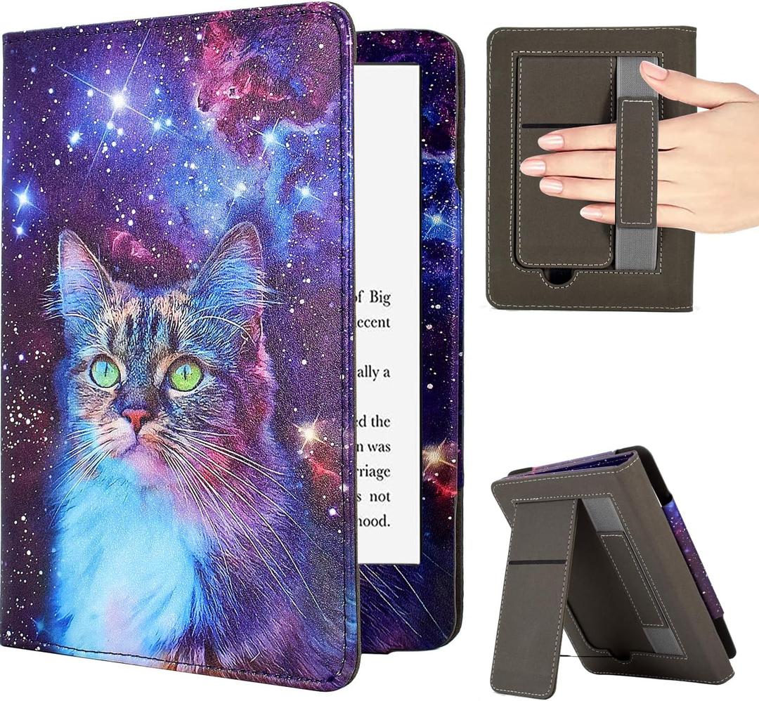 Case for 7"/6.8" Kindle Paperwhite (12th/11th Gen, 2024/2021), Kindle Colorsoft Signature Edition Case, PU Leather Foldable Stand Cover with Hand Strap & Auto Wake/Sleep, Space Cat