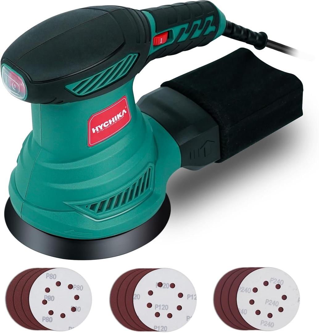 HYCHIKA 5-Inch Random Orbital Sander, 13000RPM Electric Palm Sander with 6 Variable Speeds, Powerful Motor, 12PCS Sandpapers and Efficient Dust Collection Bag, for Woodworking, Finishing and Polishing