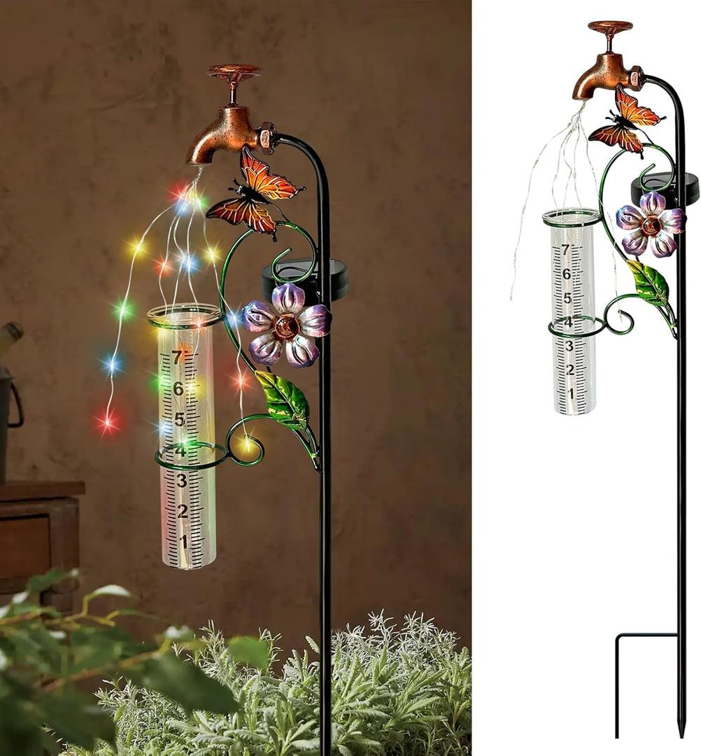 Rain Gauge Outdoor, Decorative Rain Gauge Garden Stake with Butterfly and Flower Design, Copper Faucet Style, Metal Garden Decor for Yard,Garden,Lawn, Pathway, 7" Glass Tube