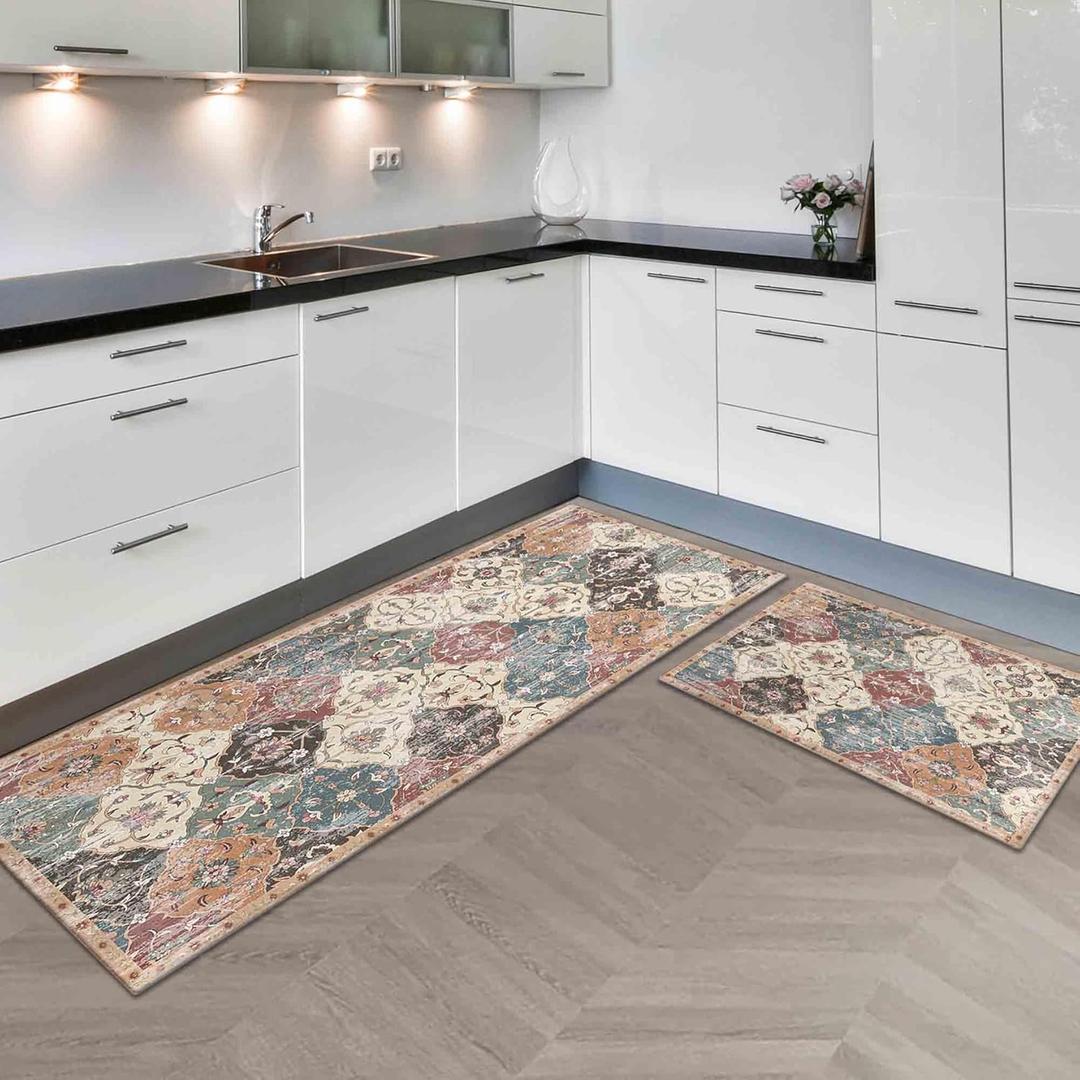 Boho Kitchen Rugs Sets of 2 Non Slip Rubber Mats for Floor Washable Farmhouse Area Rug Carpet Runner Hallway Laundry Room 17""x30""+17""x47""