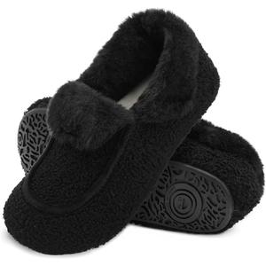 BARERUN Womens Slippers Fuzzy House Shoes with Faux Fur Lining Soft-lightweight House Slippers Socks Moccasin Slippers with Rubber Sole Indoor/Outdoor Size 39, Black
