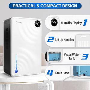 Amzart Dehumidifier (980 sq.ft), 118 oz Dehumidifier with Drain Hose, Humidity Display, Auto Shut Off, Quiet Dehumidifier Wtih Sleep Mode for Home, Timing Setting Dehumidifier, White