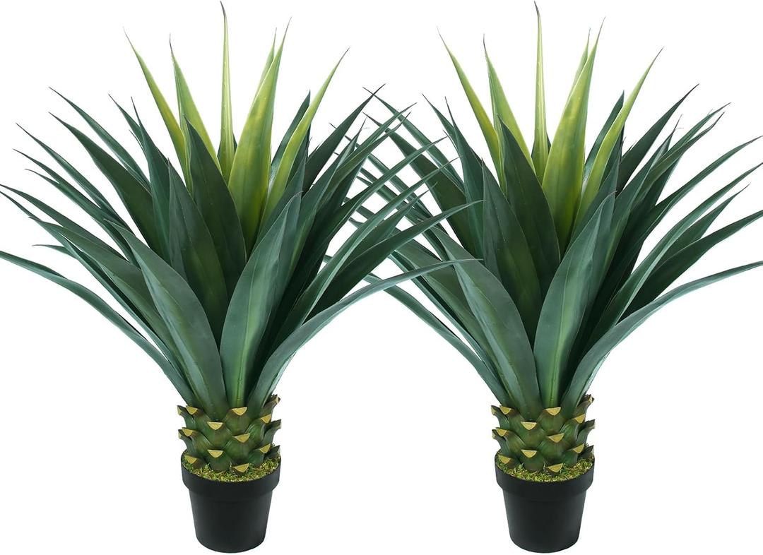 3.5ft Artificial Agave Plant, 42 Inch Tall Faux Agave Plants in Black Pot, Fake Floor Plant Outdoor Indoor for Front Porch Patio Home Office Door Step Hotel Desert Style Decor 2PCS