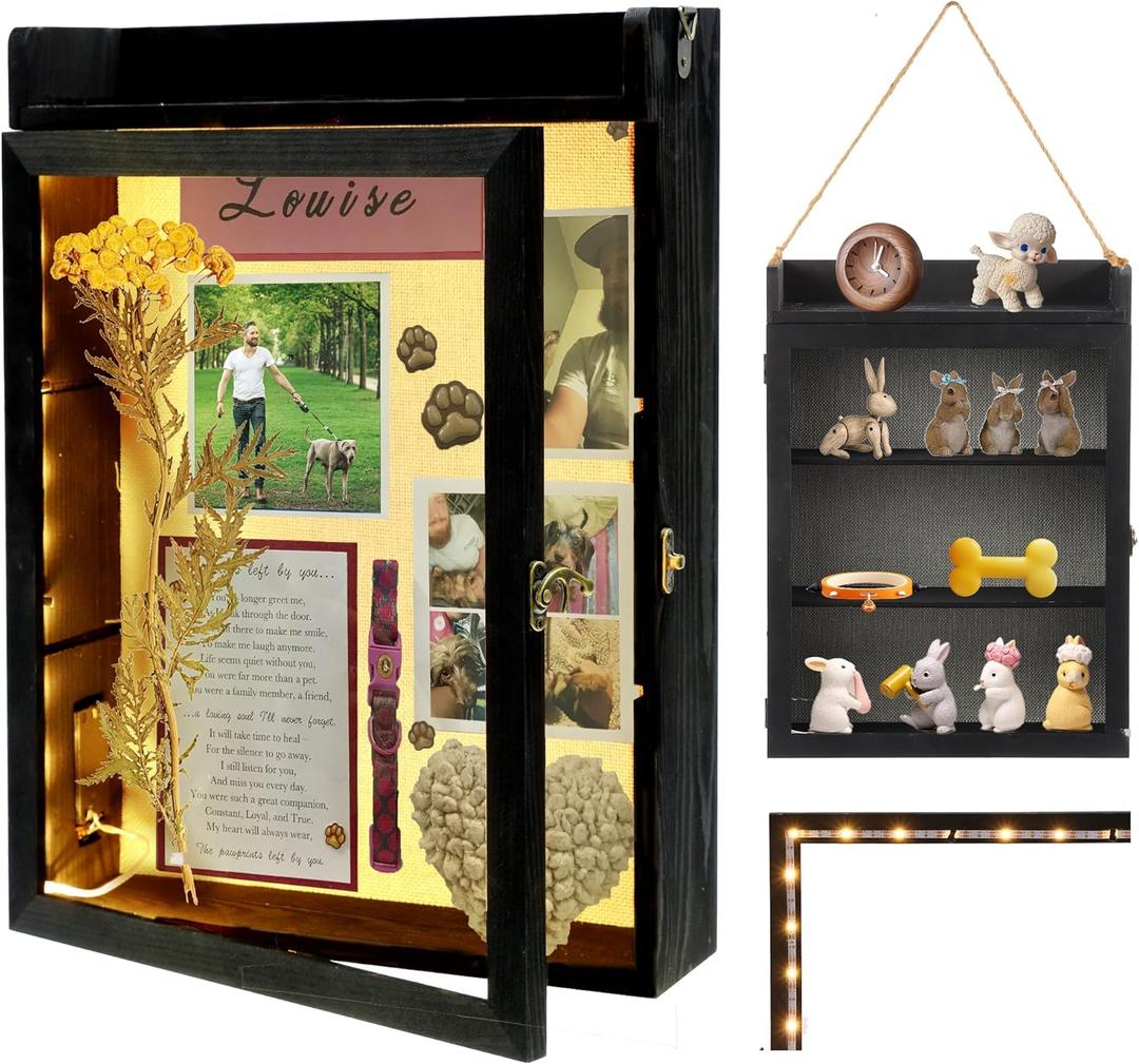 11x16 Shadow Box Frame with Light, Memorial Display Case with Shelves and Top Platform, Large Deep Shadow Box for Pet Memorial and Dog Keepsakes, Hanging Rope and Wall-Mountable, Black